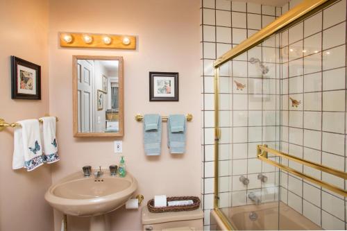 un bagno con lavandino e doccia di Lakeside Escape - Beautiful Lakefront, Pier, Wood Fireplace, Private Hot Tub a Tahoe Vista