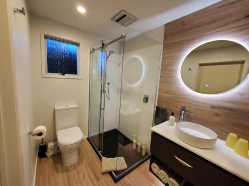 a bathroom with a toilet and a sink and a mirror at Peak Sport Chalet in Wanaka