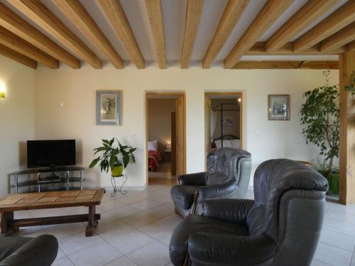 un salon avec des fauteuils en cuir et une télévision dans l'établissement Gîte spacieux en pleine campagne avec grand terrain, équipements de loisirs et confort moderne - FR-1-581-59, à Happonvilliers