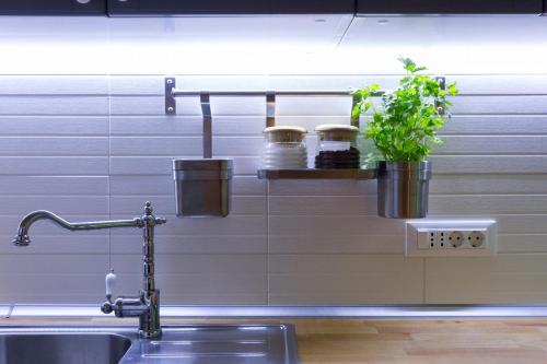 uma cozinha com um lavatório e algumas plantas numa prateleira em Villa Betty Dubrovnik em Gruda