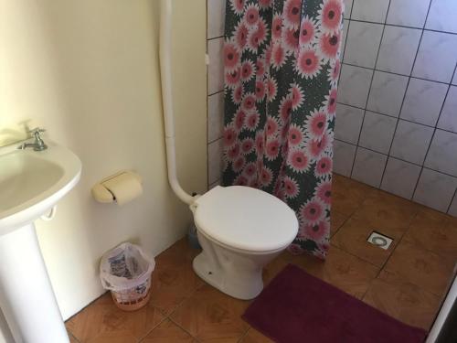 a bathroom with a toilet and a shower curtain at Suítes Casa Amarela da Ferrugem in Garopaba