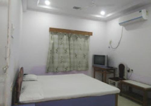 um quarto com uma cama, uma televisão e uma janela em Hotel Mina Palace Wardha em Wardha