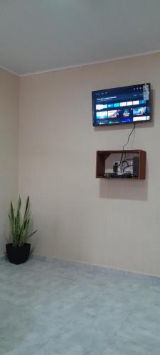 a room with a tv on a wall with a plant at EL HORNERITO Apart in Reconquista