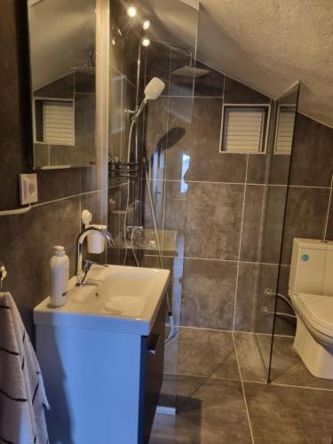 a bathroom with a sink and a shower with a toilet at Villa Xenia in Kemer
