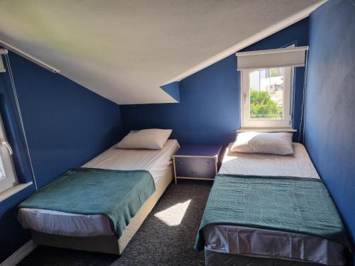 two beds in a blue room with a window at Villa Xenia in Kemer