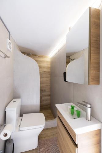 a bathroom with a white toilet and a sink at Theros Cottage - garden & sea breeze in Nafplio