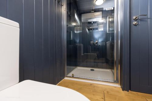 W łazience znajduje się prysznic ze szklanymi drzwiami. w obiekcie Houseboat - best place in Prague w Pradze