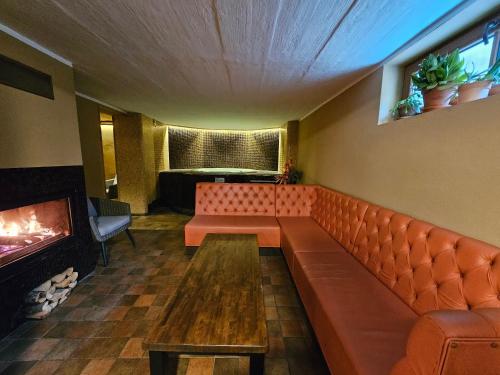 a living room with a couch and a fireplace at "Indian Summer" Apartment in Viljandi