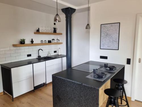 uma cozinha com um balcão preto e um lavatório em Komfortables Apartment im Industrial Chic em Dresden