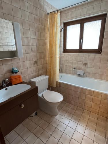 La salle de bains est pourvue de toilettes, d'une baignoire et d'un lavabo. dans l'établissement Les RHODOS 3, à Les Crosets
