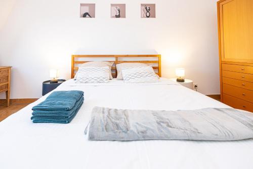 um quarto com uma grande cama branca e 2 candeeiros em * * Le Duplex des Cigognes * * em Hoenheim