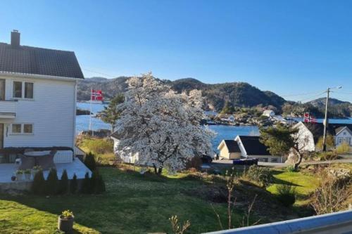 una vista de una casa y un patio con un árbol en Feriehus på Sørlandsøy, en Flekkefjord