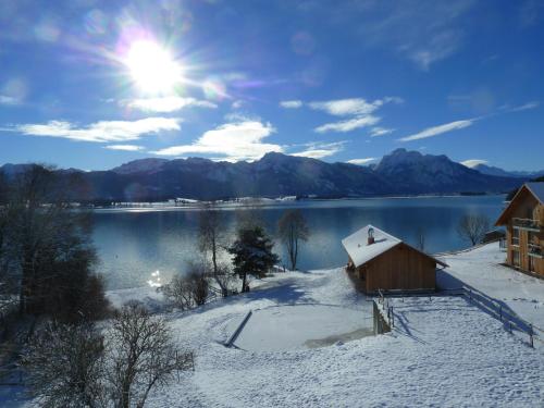 a house on the shore of a lake in the snow at Seehotel und Appartements Schnöller in Rieden am Forggensee