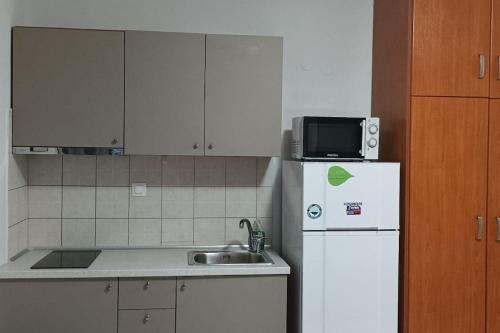 een keuken met een wastafel en een witte koelkast bij Fotini studio in Thessaloniki