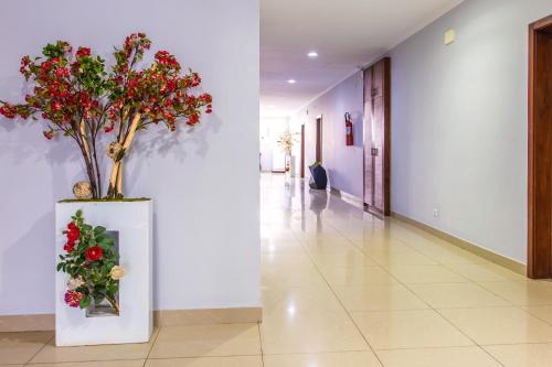 a hallway with a vase of flowers in a hallway at Hotel Fénix in Nampula