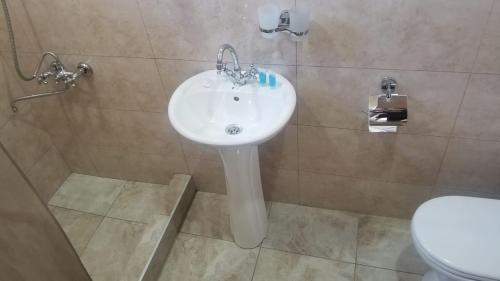 La salle de bains est pourvue d'un lavabo et de toilettes. dans l'établissement Guest House Vista, à Sighnaghi
