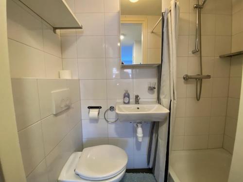 a white bathroom with a toilet and a sink at De Noordzeekrab in Katwijk aan Zee