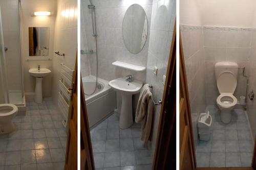 Duas fotografias de uma casa de banho com WC e lavatório. em Plagne Soleil : Pistes et vue em La Plagne Tarentaise