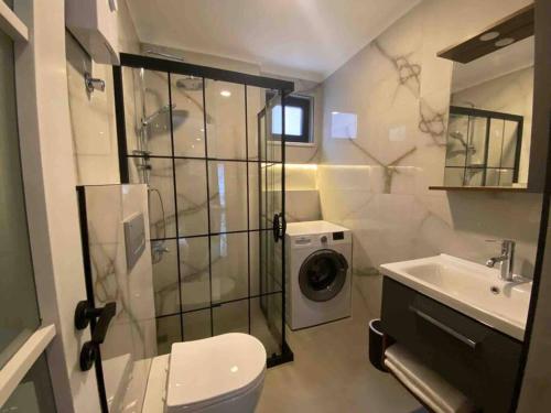 a bathroom with a shower and a toilet and a sink at Rose 5 in Alanya