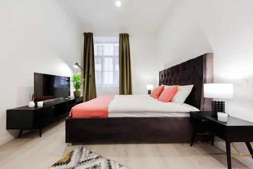um quarto com uma cama grande e uma televisão de ecrã plano em RIGAAPARTMENT ELIZABETES 22 Self-Service Aparthotel em Riga