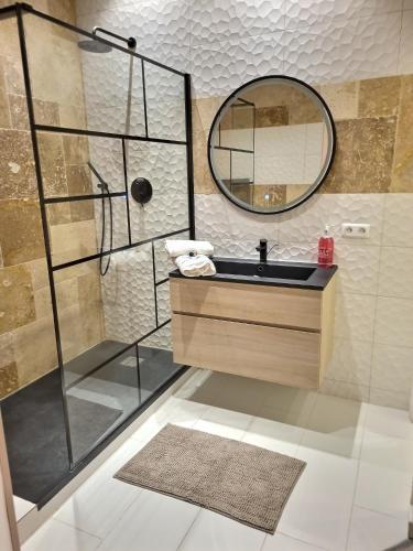 La salle de bains est pourvue d'un lavabo et d'une douche avec un miroir. dans l'établissement Appartement T2 40m2 Rénové Au Coeur du Panier Vieux Port, à Marseille