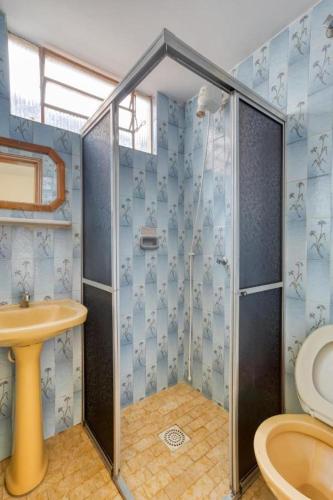 a bathroom with a shower and a sink at Hotel Itajubá Classic - Goiânia in Goiânia