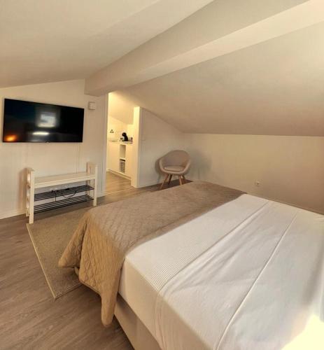 a bedroom with a large bed with a tv on the wall at Merim Apartments in Ponte de Lima