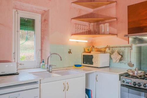 a kitchen with a sink and a microwave at Rectoría de Castellar in La Vall de Bianya