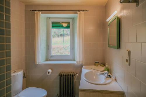 uma casa de banho com um lavatório, um WC e uma janela. em Rectoría de Castellar em La Vall de Bianya