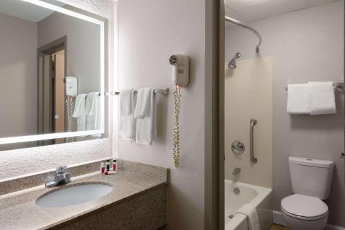 a bathroom with a sink and a mirror and a toilet at Days Inn by Wyndham Florence Near Civic Center in Florence