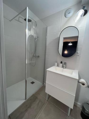 een badkamer met een douche, een wastafel en een spiegel bij Studio 1 - Mi-Côte - Studio à Orvault in Orvault