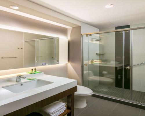 a bathroom with a sink and a shower and a toilet at Hyatt Place Bogota Convention Center in Bogotá