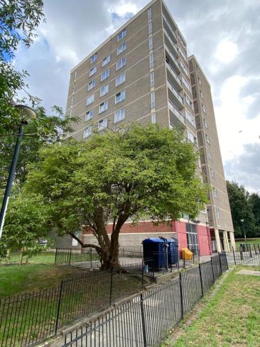 a large building with a tree in front of it at Entire flat, comfortable 2 double bedrooms in Woolwich