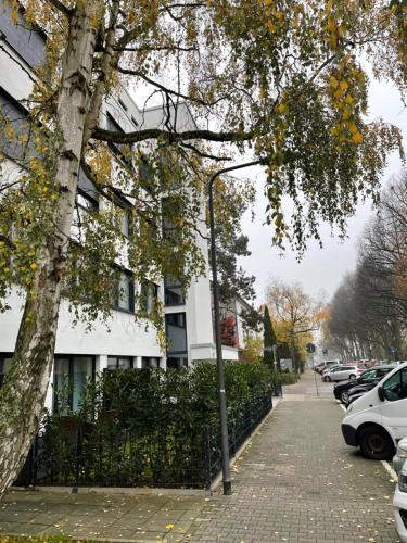 a street light next to a tree and a building at Big room for 2 pers, 9 min to trade fare, FREE parking in Frankfurt/Main
