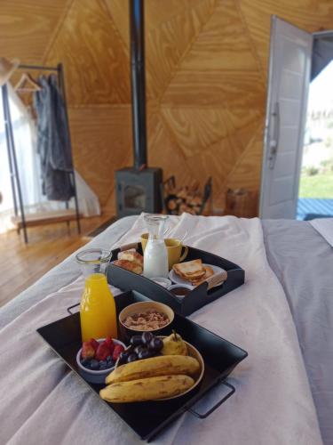 埃尔卡拉法特Bóreas Ecoluxury Glamping的床上的托盘食物,包括水果和果汁