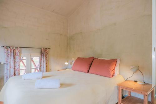 a bedroom with a large white bed with red pillows at Rectoría de Castellar in La Vall de Bianya