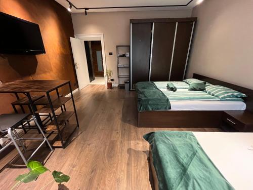 a bedroom with a bed and a desk and a television at Old city fortress exceptional place Cosmanu in Timişoara
