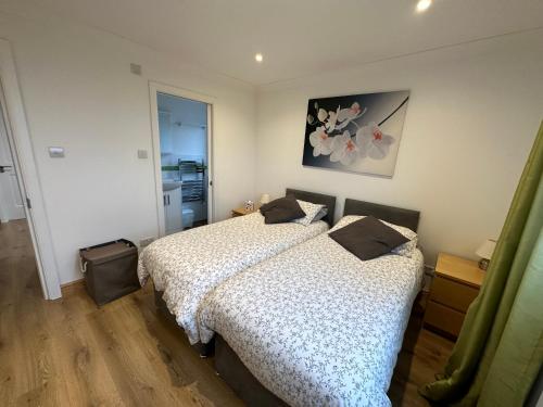 a bedroom with two beds and a painting on the wall at En-suite at Denmark Hill in London