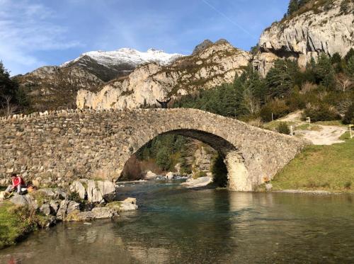 a bridge over a river with a person sitting under it at Casa Rincón de Broto in Broto