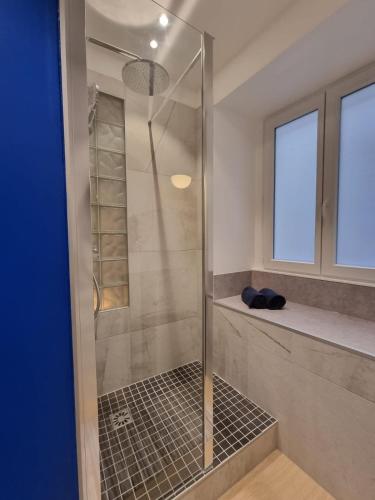 une douche avec une porte vitrée dans une salle de bain dans l'établissement Les appartements Hyper centre, à Strasbourg