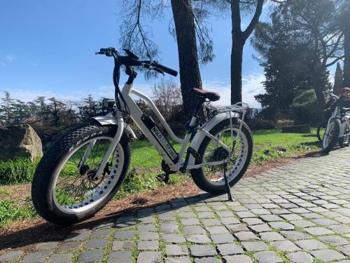 una bicicleta estacionada en un puesto de patadas en una acera en Bici Grill Decimo Miglio en Ciampino