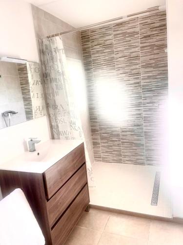 une salle de bain avec une douche, un lavabo et un miroir dans l'établissement Havre de paix, à Montaren-et-Saint-Médiers