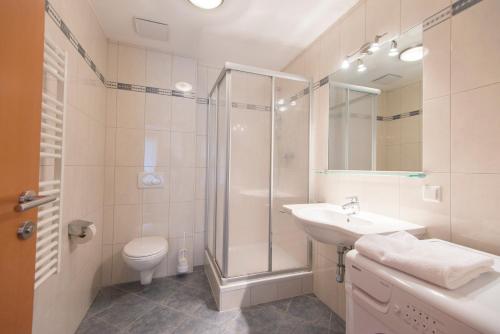 a bathroom with a shower and a sink and a toilet at Panorama Spa Lodges DAS.SCHILLER in Bad Gastein