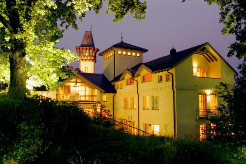 una vieja casa con un castillo por la noche en Hotel Villa Monte Vino, en Potsdam