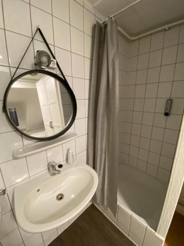 a bathroom with a sink and a mirror and a shower at Swan Rooms in Nürnberg