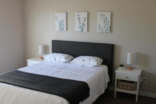 a bedroom with a large bed with two pillows at Freshly Updated 3 Bedroom Townhome in Lethbridge