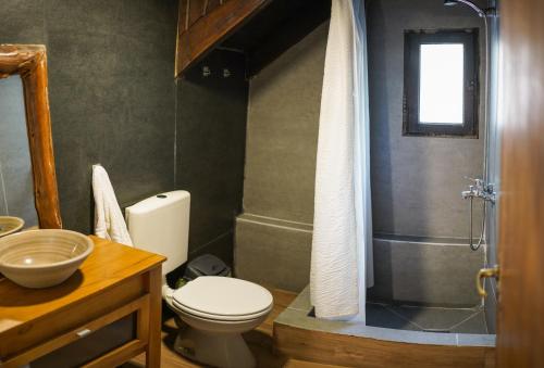 y baño con aseo, lavabo y ducha. en Alaska Patagonia Hostel en San Carlos de Bariloche