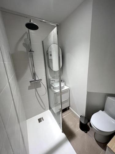 a white bathroom with a toilet and a mirror at Studio 2 - Mi-Côte - Duplex à Orvault in Orvault