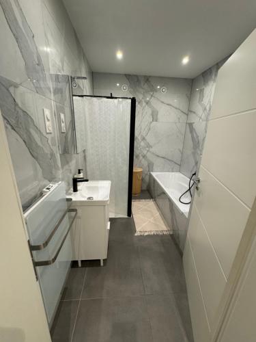 y baño con ducha, lavabo y bañera. en # Le 13 # Nouveau T3 rénové au calme vue sur les Vosges, en Riedisheim