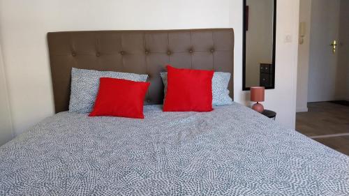 - un lit avec 2 oreillers rouges dans l'établissement Appartement cosy - Disneyland & Villages Nature, à Villeneuve-Saint-Denis